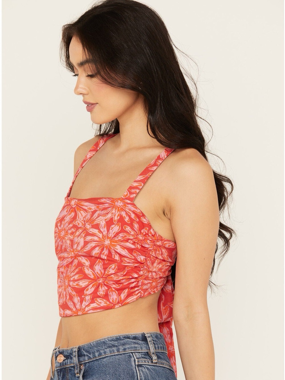 Free People Floral Square-Neck Cropped Tank Top - Red Floral